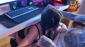 Alt girl disrupts gaming session with intense rough sex encounter.