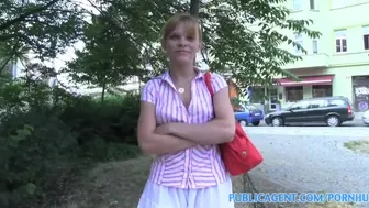 Czech teen spreads her tight shaven pussy for public sex with a stranger