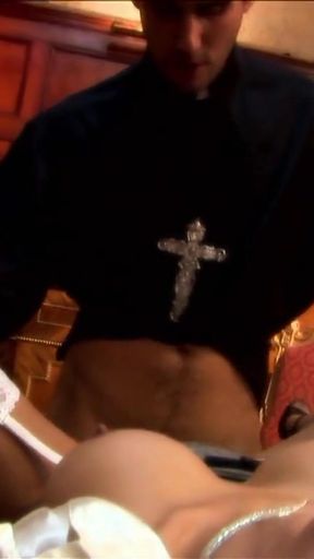 Spectacular moment from "Horny priest gets to fuck a hot brunette MILF in stockings"