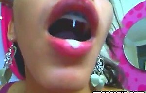 Ts cums in her own mouth