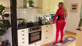 Try on Haul: Red Pvc Catsuit and Shiny Cotset, Curvy Body MILF Arya Grander