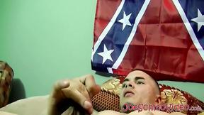 ”American homosexual spanks his bushy cock & cums”