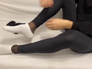 Boy take off socks,leggins and tights and put on black pantyhose