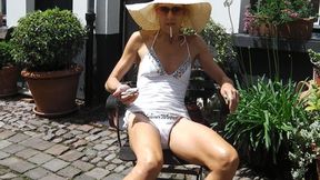 Sunny smoke in white tankini