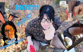 Buttplug in her ass with a leash pissing on a tree stump in the forest