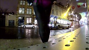 Waiting at bus stop in tights and panties exposed