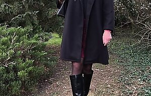 Nice redblack skirt with black pantyhose and boots