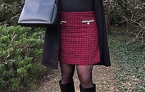 Nice redblack skirt with black pantyhose and boots