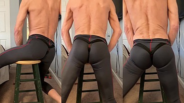 Stretch on Stool with Workout Pants and Groin Brace