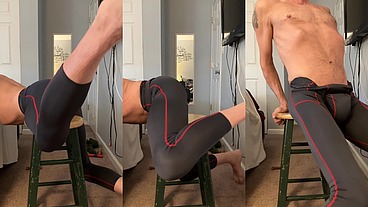 Stretch on Stool with Workout Pants and Groin Brace