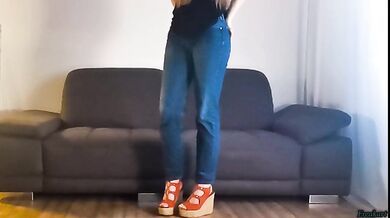 Desperate girl wetting tight jeans in fetish solo session