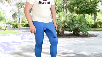 Twink with huge uncut cock jerks off and cums in public