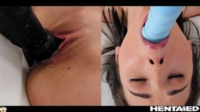 Real Life Hentai Doll looking girl fucks big dildo and gets creampie covered in cum