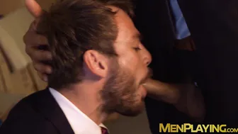 Suited businessman gets his cock sucked before spreading for anal