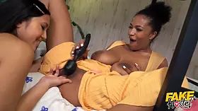 Faux hostel - video game toying asian thai girl and black brazilian college teens in crazy threesome with huge sweat-soaked jugs