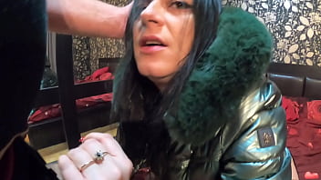 Stepmom was face-fucked. Cum on shiny and fluffy down-jacket.