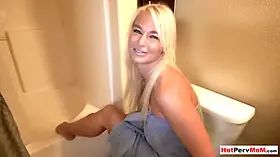 After showering MILF stepmom cleans stepsons cock too