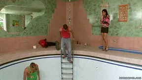 Sexy Brunette Gets Doubled Up by Hot Guys Near Sparkling Poolside