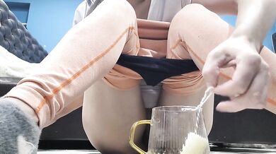 Russian milf drinks her own piss while squirted on by big pussy