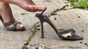 Walking in Jimmy Choo high heels sandals on the street, high heels walking, high heels play, shoeplay, shoe walking, high heels outdoors walking