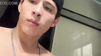 Hairy twink showers while jock buddy records and kisses him