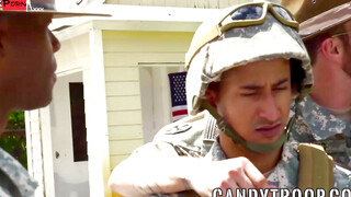 Army studs swap blowjobs before outdoor interracial foursome