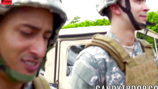 Army studs swap blowjobs before outdoor interracial foursome