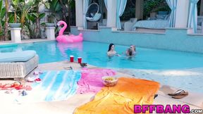 Petite teen sluts lick each other's pussy in a lesbian pool threesome