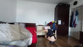 Amateur MILF Cleans in the Empty House. Brunette Hairy Pussy, Big Tits.