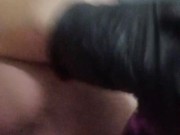 Silly guy almost gets all 17in double sideded dildo! And precum taste test