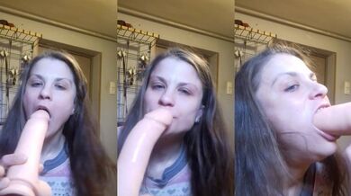 Amazing deep throat self humiliation with huge dildo alone in kitchen