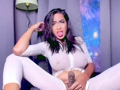 Sexy Shemale With Big Tits Jerking Her Huge Cock Off