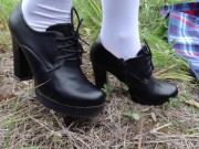 Foot fetish girl show shoes and feet in white knee socks