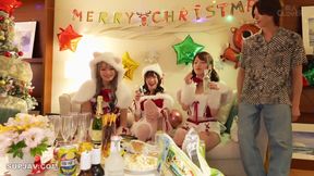 Naughty Christmas threesome with Ren and Nanami creaming each other wildly