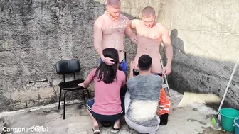 Muscular construction workers gangbang fem bottoms in hardcore group anal