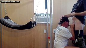 Gloryhole BJ DILF assfucked in sling by cocksucked BF