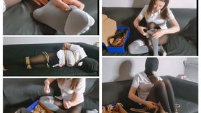 While I was working  my computer suddenly started playing BDSM videos This made me lose control of my desires  Since no one was in the office during my lunch break  I began to do my own thing ballgag bondage vibrator stockings hood foot fetish gag orgasm