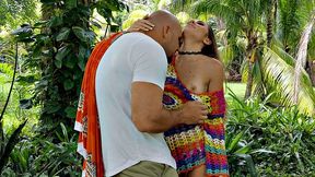 Hippie Hookup's shaved pussy takes a wild pounding in a public park