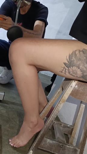 While I Pump the Pedal of My Cooking Machine in Panties This Man Looks at Me and Repairs the Machine