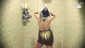 Dripping wet in clothes on shower & seductive hair washing
