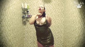 Dripping wet in clothes on shower & seductive hair washing