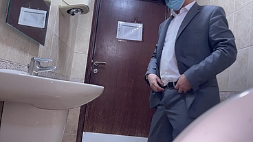 Professional boy jerks off in the office bathroom with hot cumshot