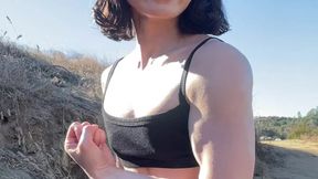 Petite, cute and fit Asian girl shows off her toned body on a hike in nature