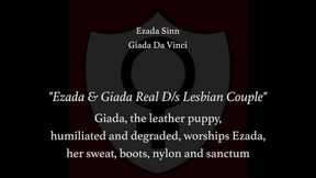 Giada Da Vinci, the leather puppy, humiliated and degraded, worships Ezada Sinn: her sweat, leather boots, nylon and sanctum with lesbian domination