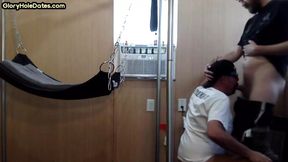 Gloryhole BJ DILF assfucked in sling by cocksucked BF