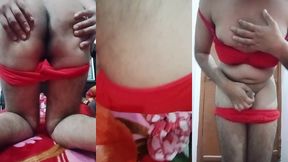 indian gay crossdresser gaurisissy pressing her big boobs and fingering in her ass in red honeymoon lingerie hard bdsm sex