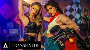 TRANSFIXED - Mechanic Brookly Gray Services Biker Jade Venus&#039; TRANS COCK And Gets FACE FUCKED!