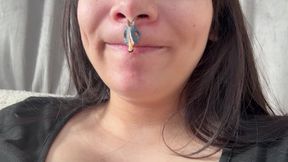 Giantess girl puts her tiny husband on her nose and he lies there like a piece of snot, then she starts licking it and