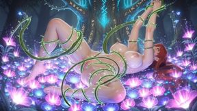 Blindfolded Red Hair Girl Suspended by Thorny Vines Extreme Wet Bondage 3D