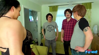 Devon Breeze takes cumshot after cumshot from three nerdy guys in a messy living room session